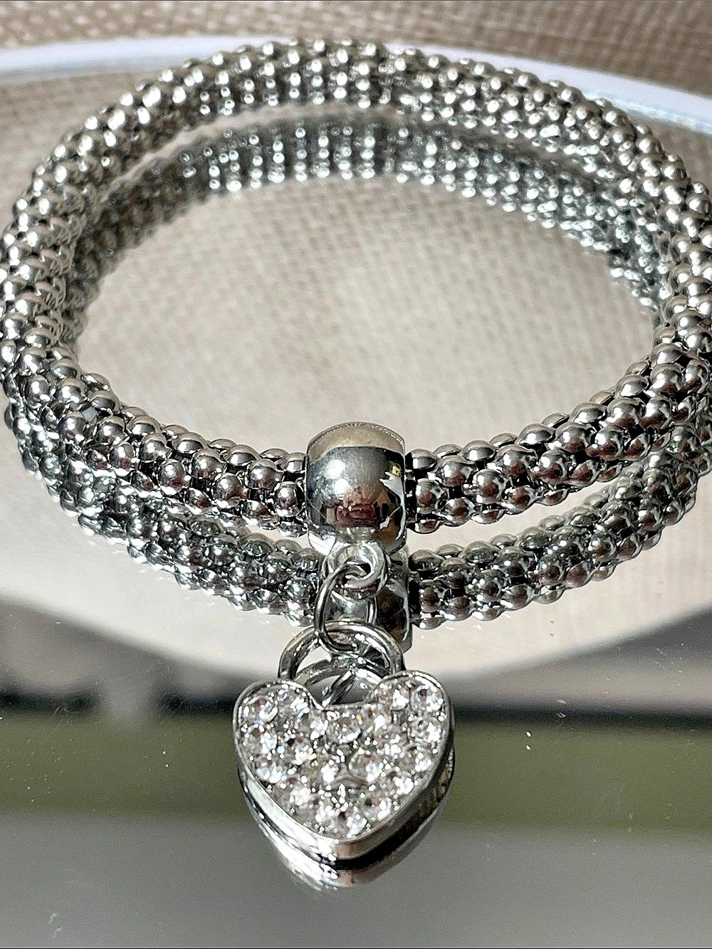 Silver-Tone Heart Charm Stretch Bracelet Adorned With Rhinestones 7” to 7.5”New